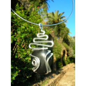 Grand pendentif "zig-zag+arabesque" avec galet de pierre naturelle