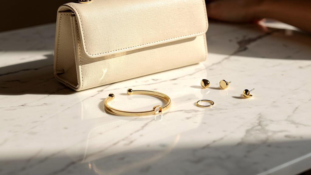 Accessoires dorés et pochette crème disposés sur du marbre blanc