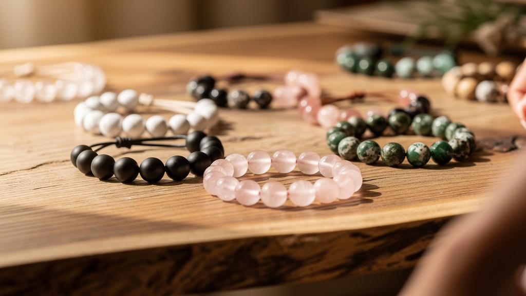 Assortiment de bracelets en pierres naturelles disposés sur une table en bois brut
