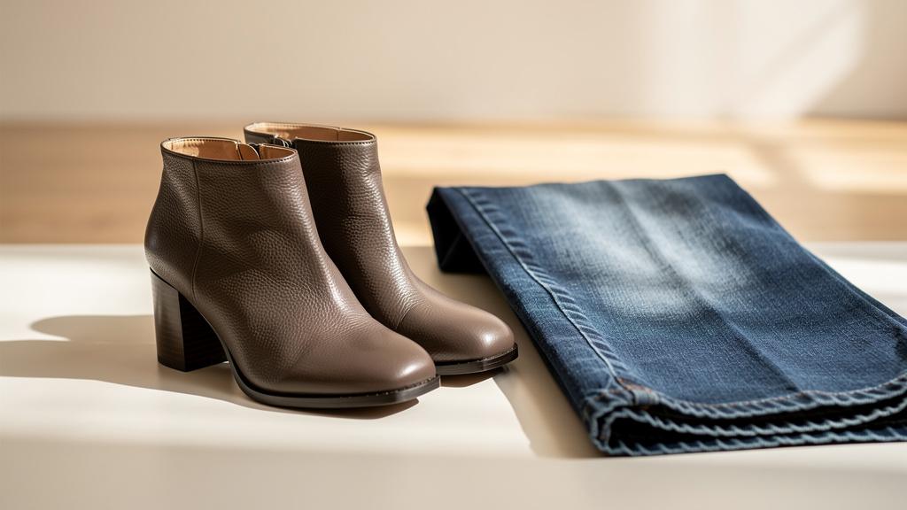 Bottines à talon carré posées à côté d'un jean large en denim bleu
