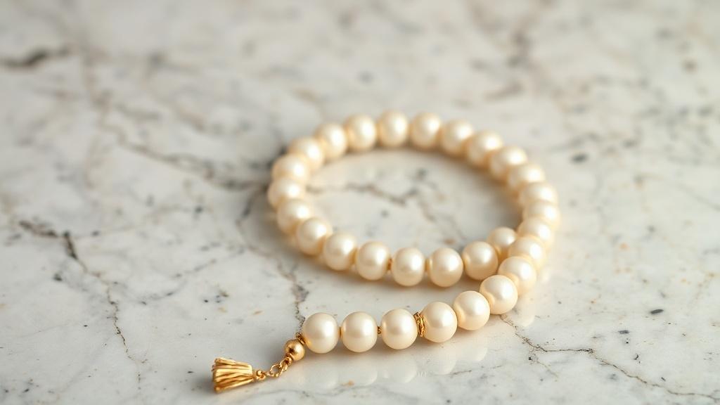 Bracelet de perles blanches posé sur une surface en marbre