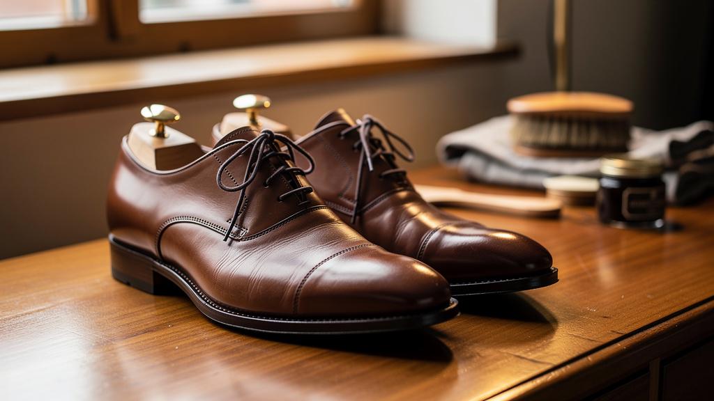 Chaussures en cuir posées sur des embauchoirs en bois
