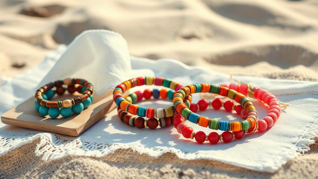 Collection de bracelets brésiliens multicolores posés sur une serviette de plage