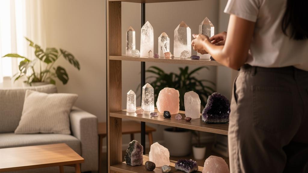 Femme arrangeant des cristaux sur une étagère de salon