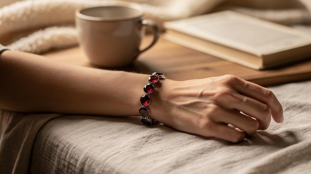 Femme portant un bracelet de grenats rouges