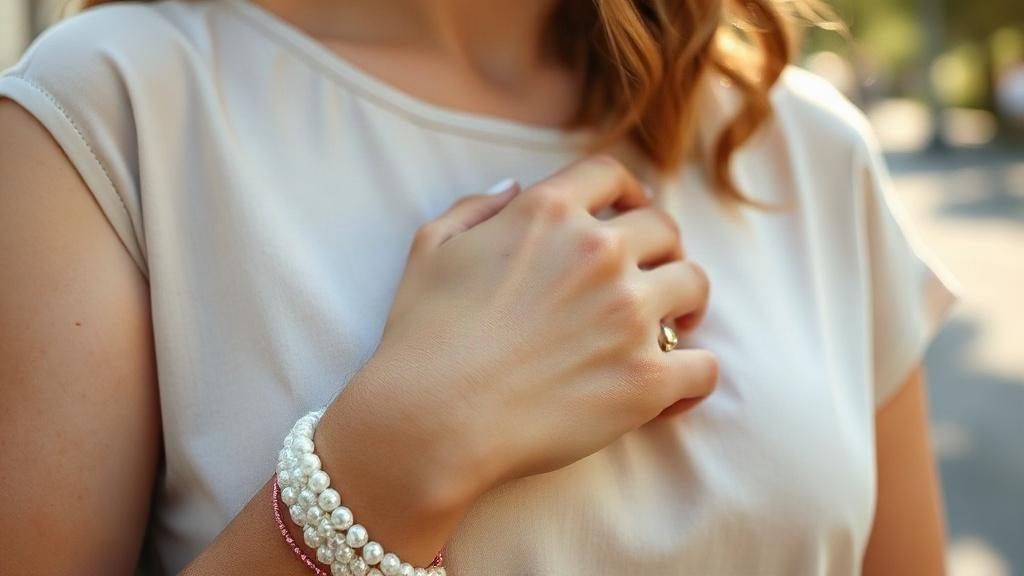 Femme portant un bracelet de perles de pierre de soleil en extérieur