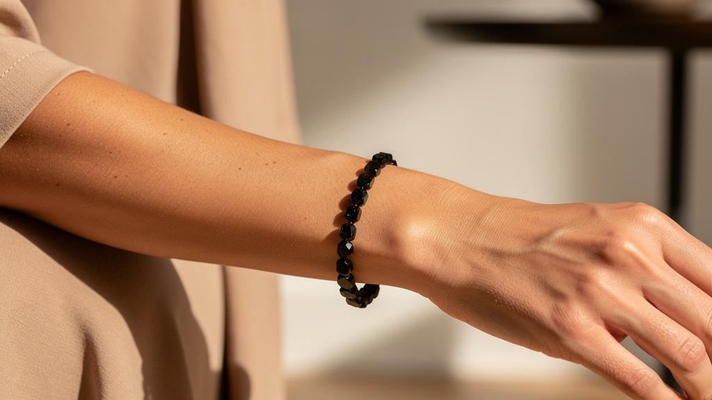 Femme portant un bracelet de tourmaline noire au poignet