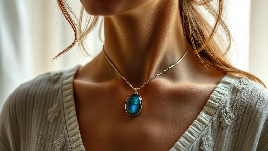 Femme portant un collier avec pendentif en labradorite