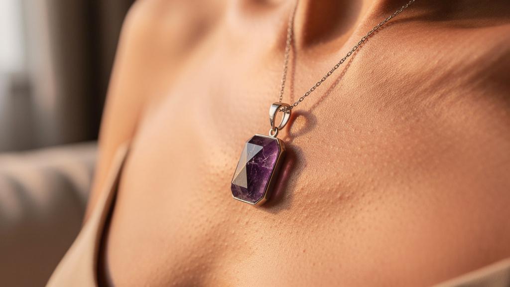 Femme portant un pendentif améthyste violet autour du cou