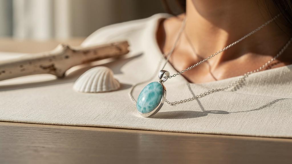 Femme portant un pendentif en larimar serti en argent