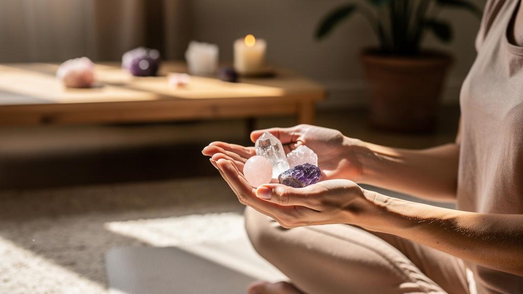 Femme tenant des cristaux lors d'une séance de méditation