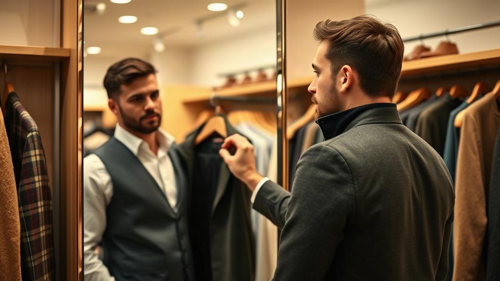 Homme choisissant une veste devant un miroir en boutique