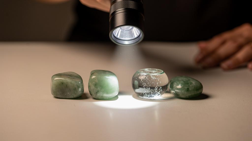 Jade naturel et imitation en verre comparés côte à côte sous une lampe de poche