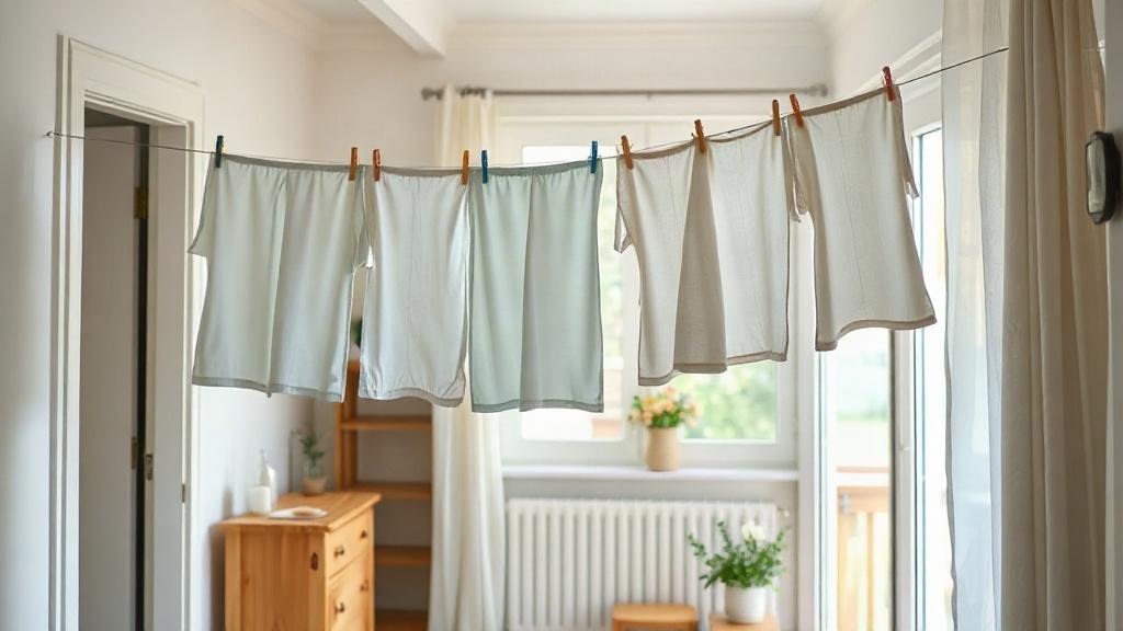 Linge séchant sur un étendoir dans un appartement