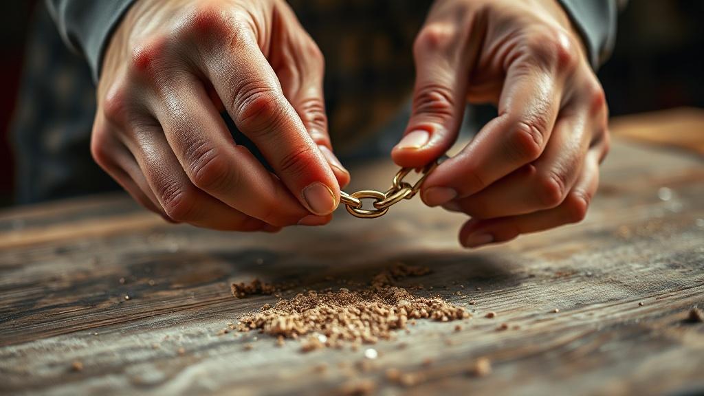 Mains démêlant délicatement une chaîne en or fin