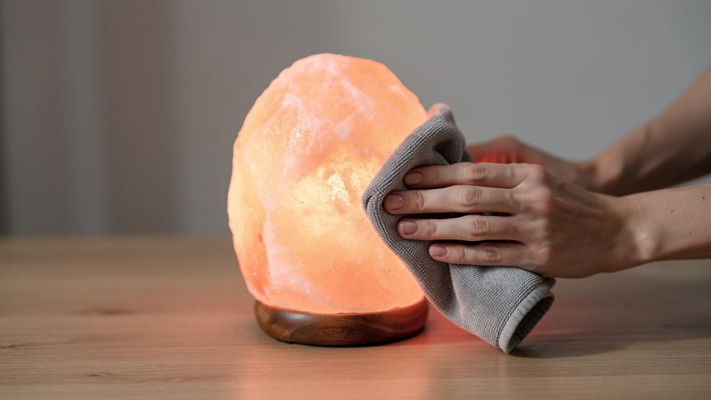 Mains nettoyant une lampe de sel de l'Himalaya avec un chiffon doux