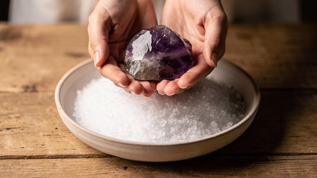 Mains tenant une améthyste au-dessus d'un bol de gros sel blanc sur une table en bois