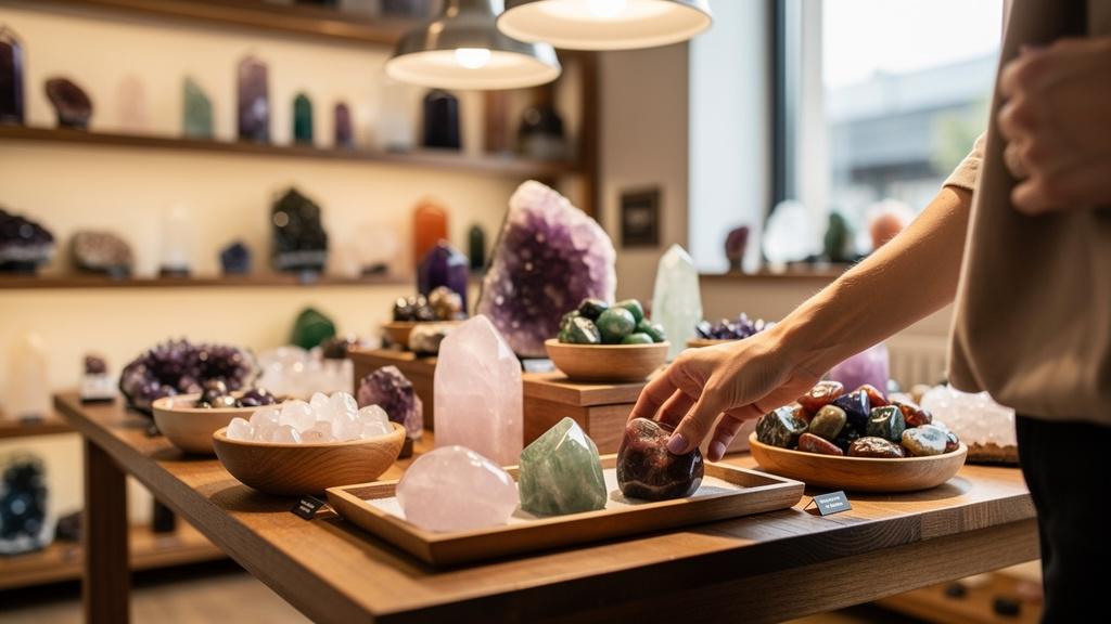 Personne choisissant une pierre naturelle dans une boutique de cristaux