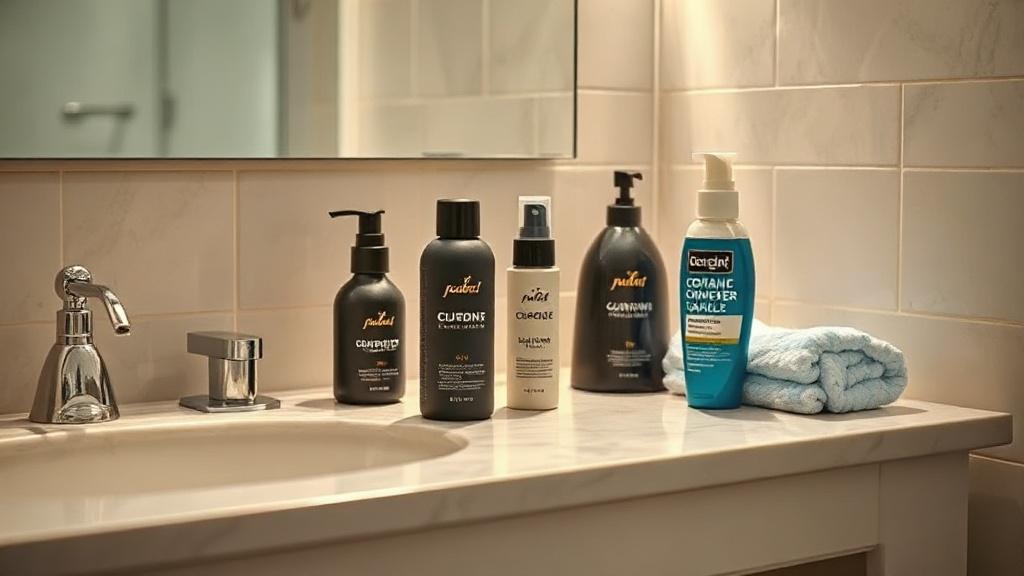 Produits coiffants pour ado garçon sur une tablette de salle de bain