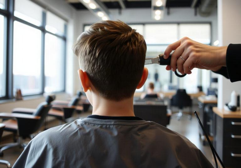 Adolescent garçon chez le coiffeur pour une coupe dégradée