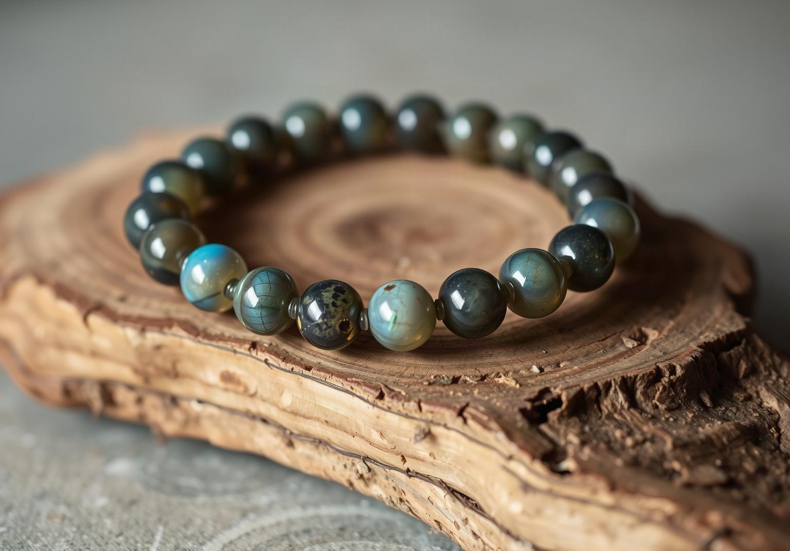 Bracelet de perles en labradorite posé sur du bois brut