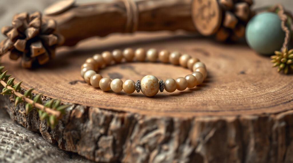 Bracelet en pierre de lune posé sur une surface en bois naturel