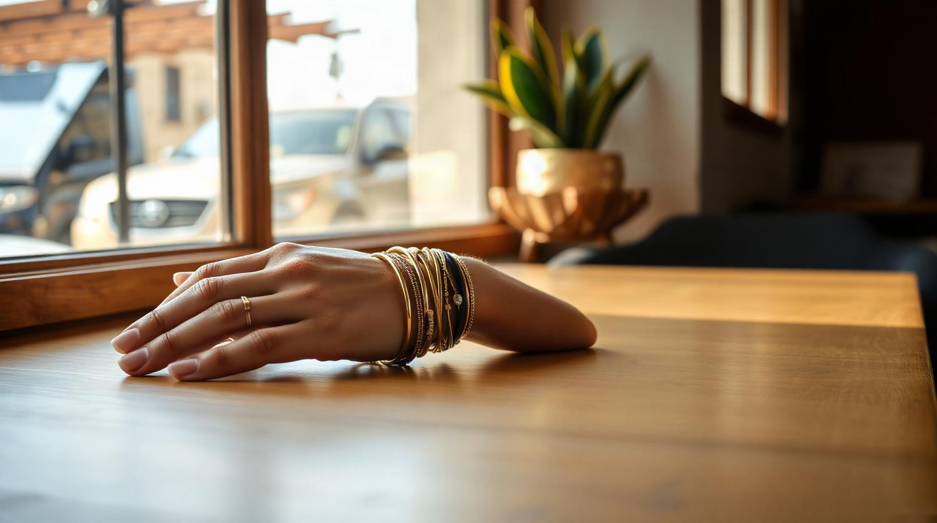 Empilement de bracelets fins au poignet gauche