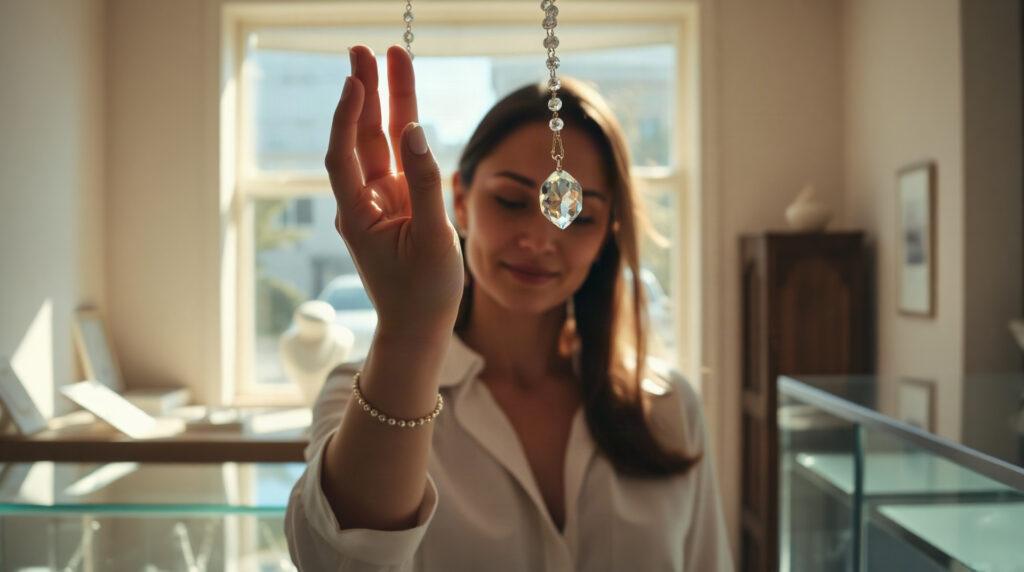 Femme examinant un collier Swarovski en boutique