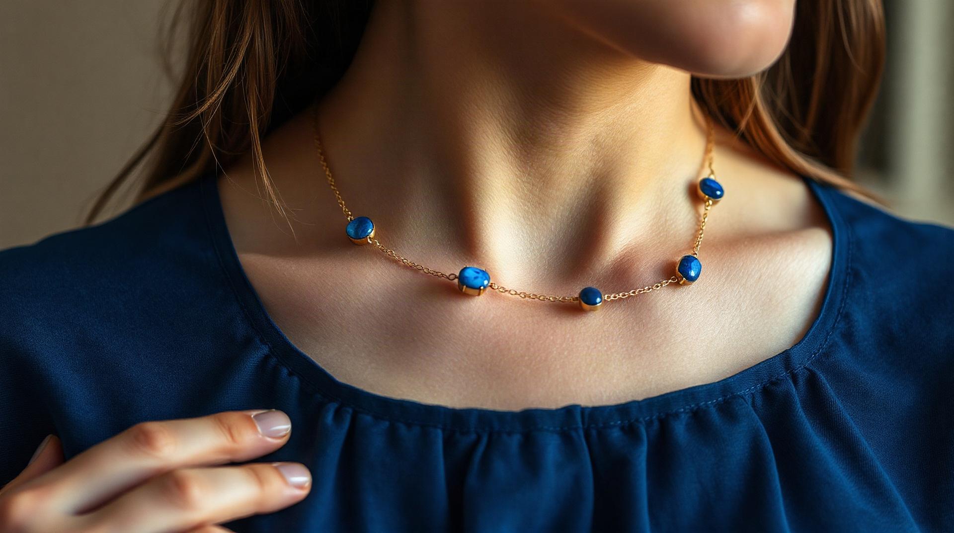 Femme portant un collier de lapis lazuli bleu naturel