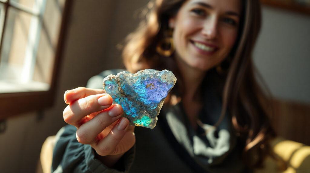 Femme tenant une pierre labradorite sous la lumière naturelle