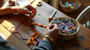 Mains tressant un bracelet brésilien avec deux fils colorés