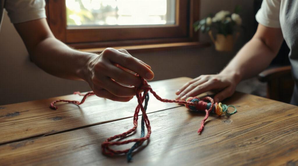 Mains tressant un bracelet brésilien coloré