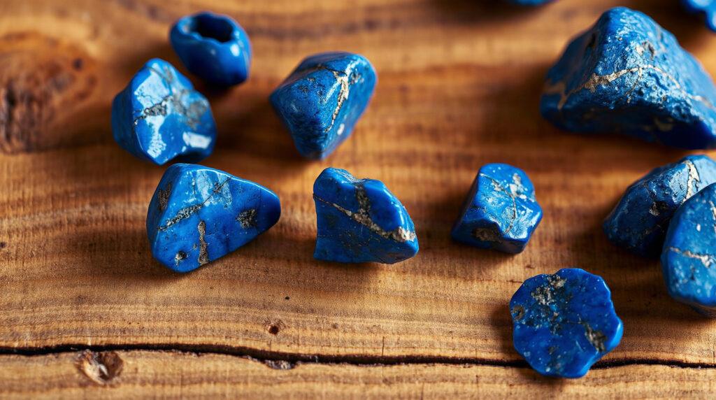 Pierres de lapis lazuli brutes posées sur une surface en bois naturel