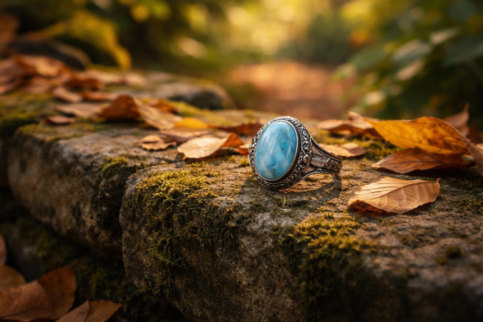 Bague artisanale en larimar portée par une femme