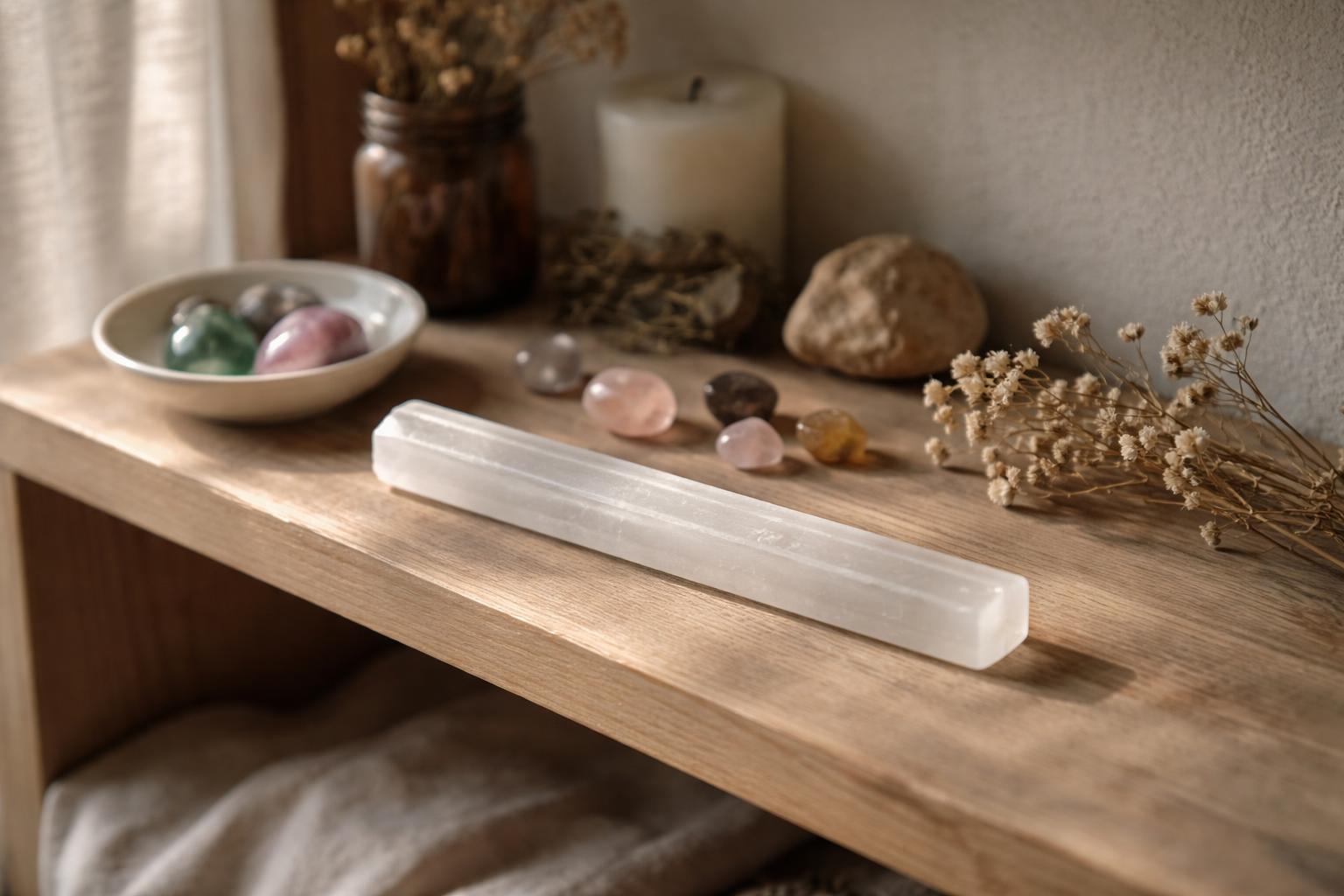 Baguette de sélénite disposée sur une étagère de chambre avec d'autres pierres