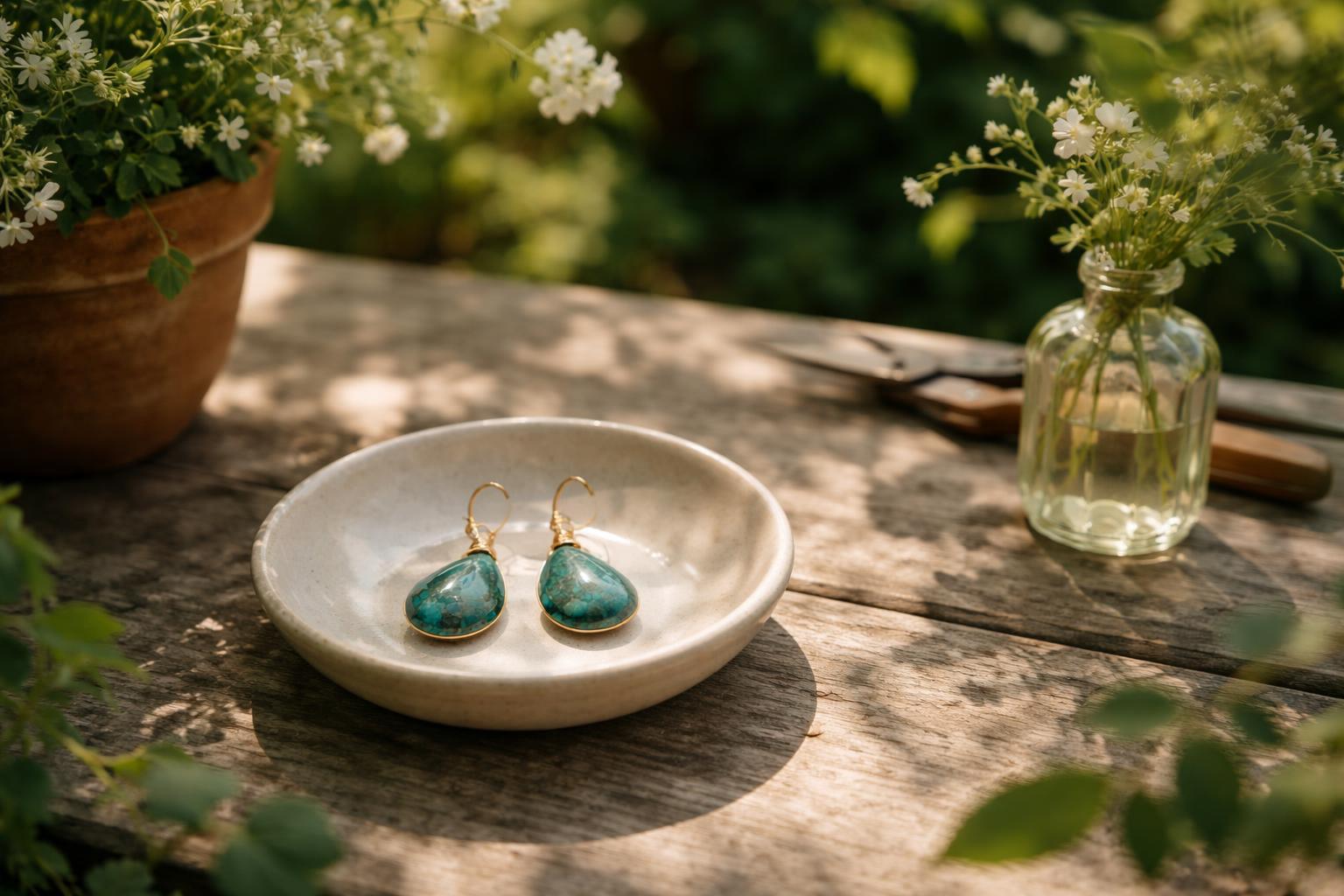 Boucles d'oreilles en chrysocolle portées par une femme