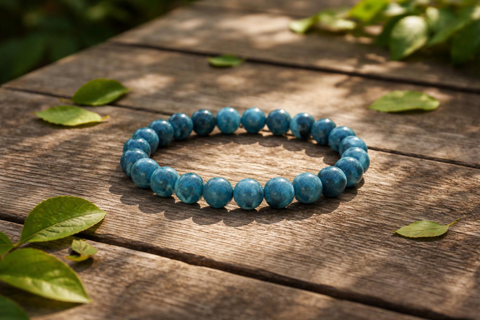 Bracelet en apatite bleue porté au poignet d'une femme