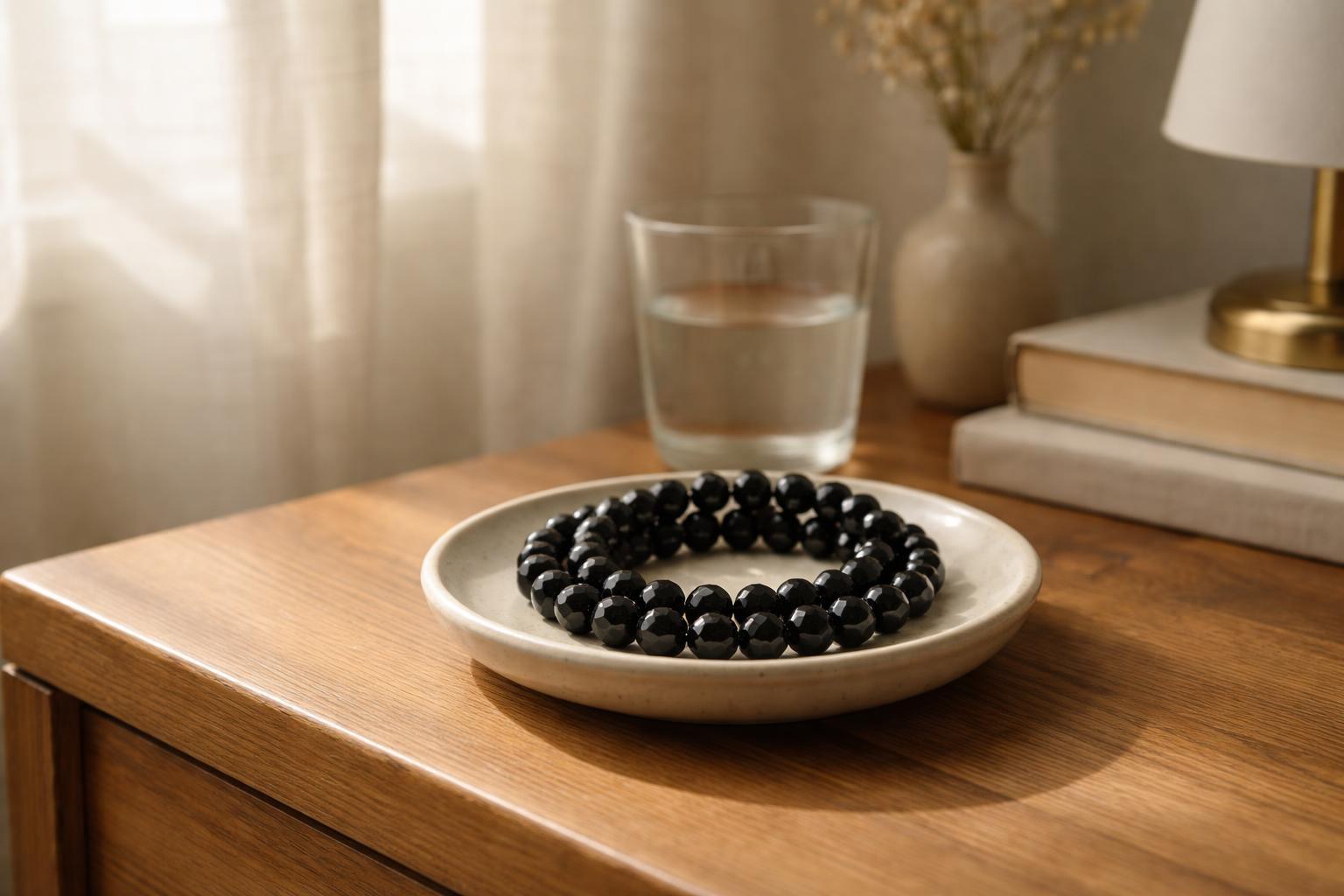 Bracelet en perles de tourmaline noire porté au poignet