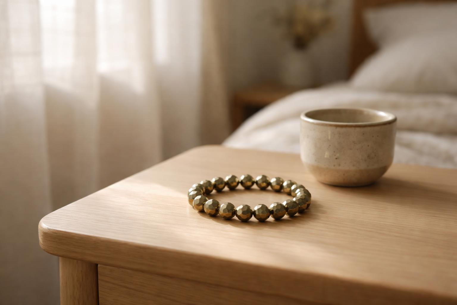Bracelet en pyrite porté au poignet