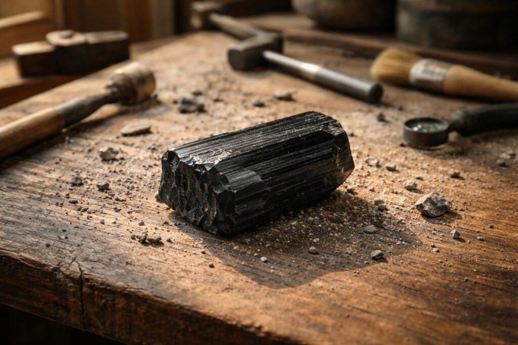 Cristaux de tourmaline noire bruts posés sur une surface naturelle