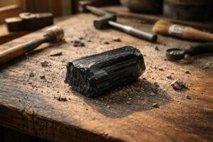 Cristaux de tourmaline noire bruts posés sur une surface naturelle