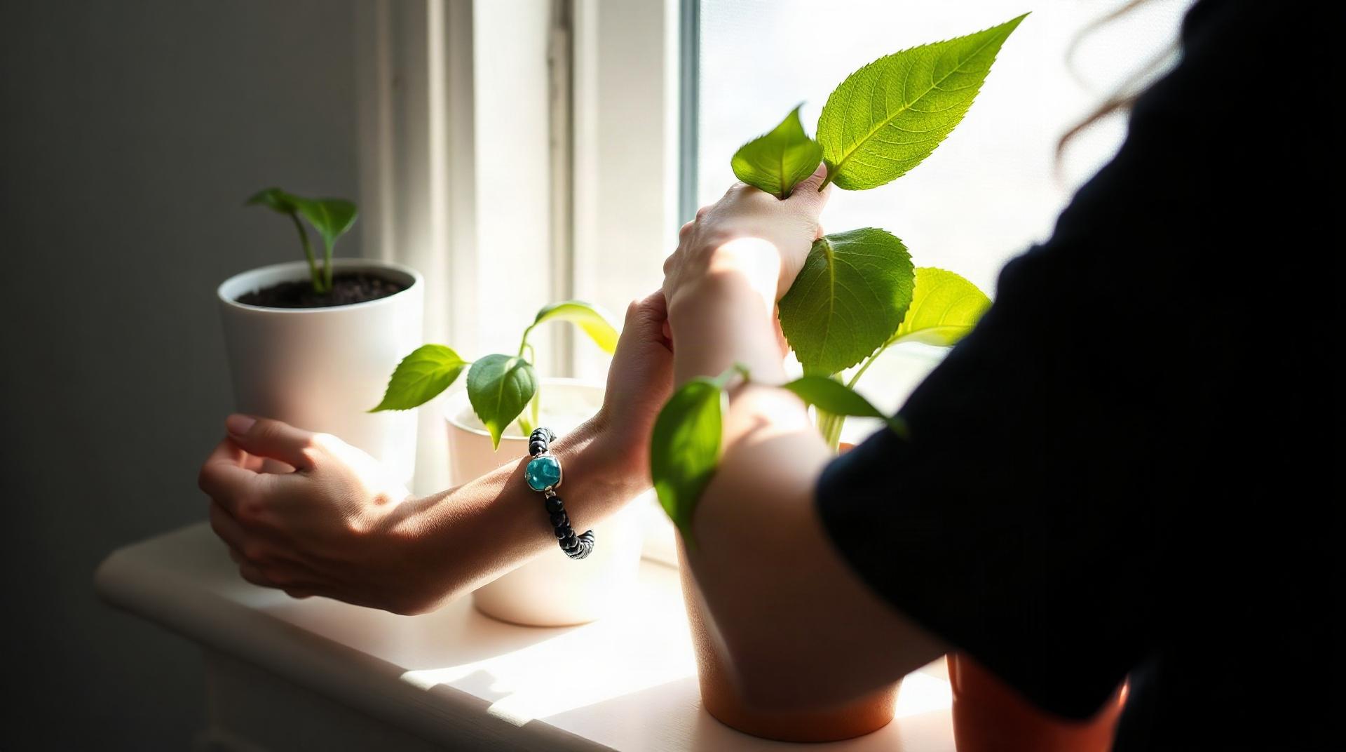 Femme portant un bracelet en pierre naturelle verte à son poignet