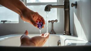 Mains nettoyant une pierre naturelle sous un filet d'eau claire