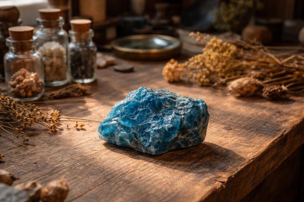 Pierre d'apatite bleue brute posée sur une surface en bois naturel