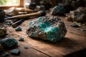 Pierre de chrysocolle brute posée sur une surface en bois