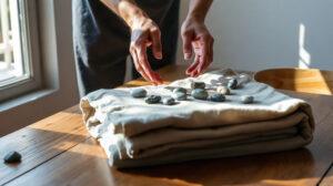 Pierres de lithothérapie disposées sur un tissu en lin naturel