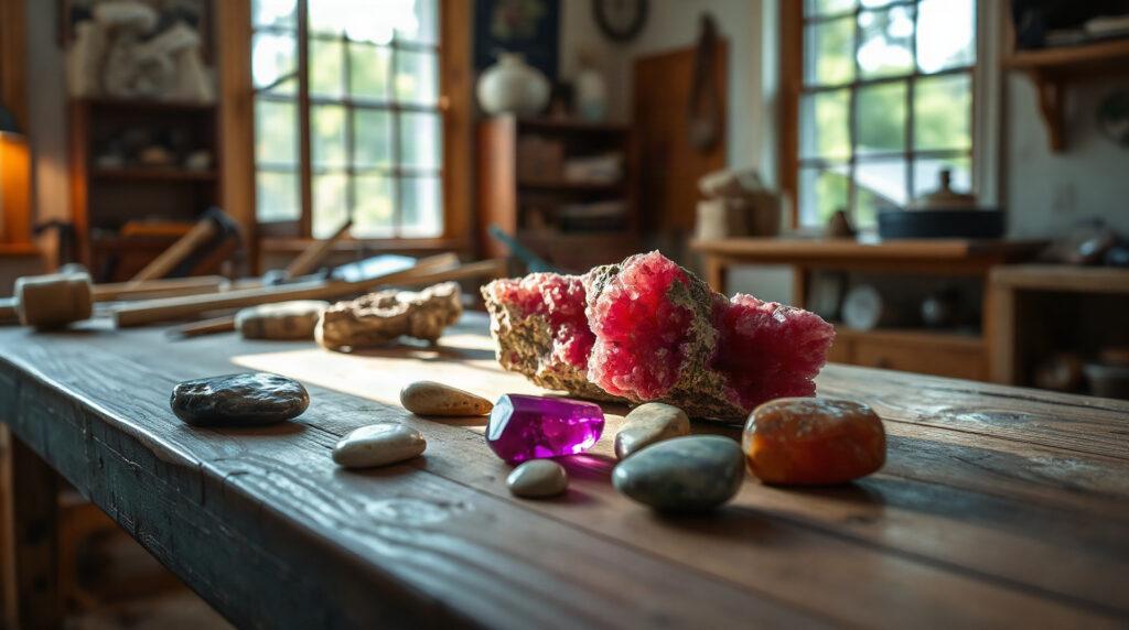 Pierres de rhodonite brutes et polies sur une surface en bois naturel