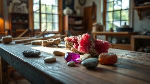 Pierres de rhodonite brutes et polies sur une surface en bois naturel
