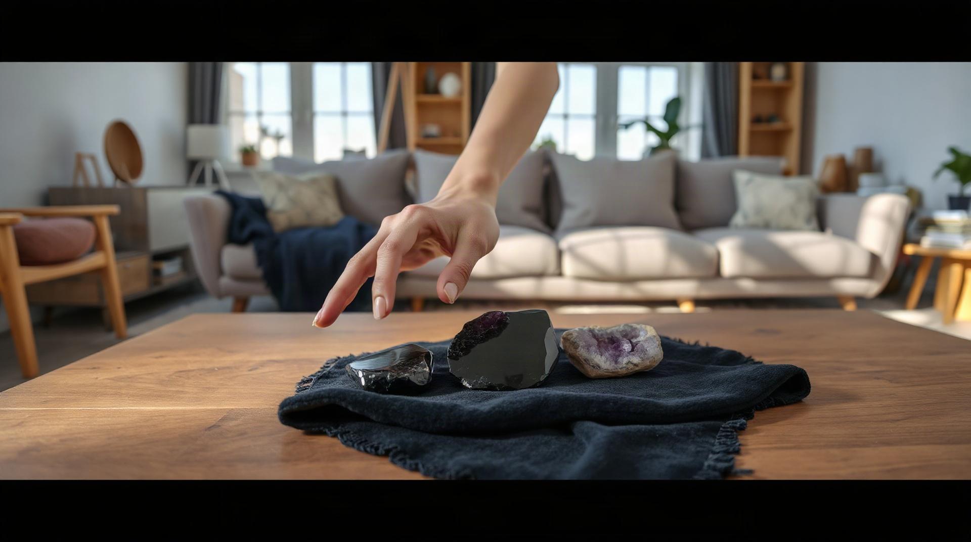 Sélection de pierres de lithothérapie disposées sur un tissu foncé