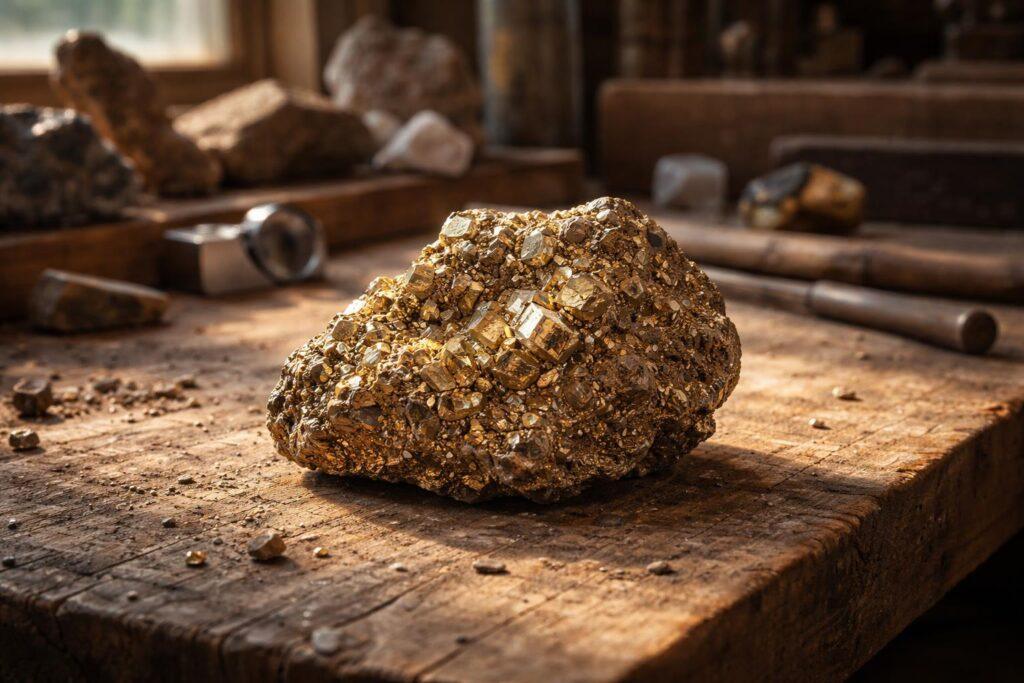 Spécimen de pyrite brute sur une surface en bois